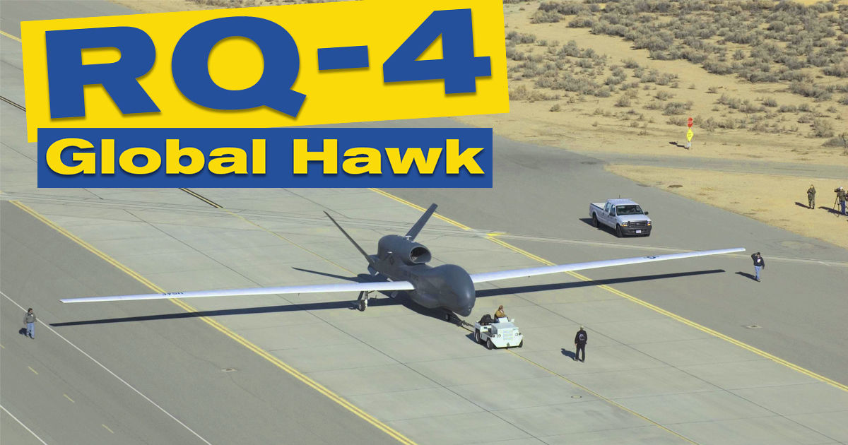 RQ-4 Global Hawk drone parked on a runway, getting ready to takeoff.