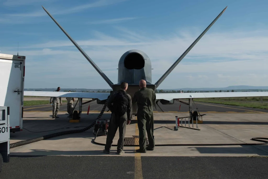 RQ-4 Global Hawk drone engine intake and the v tail.