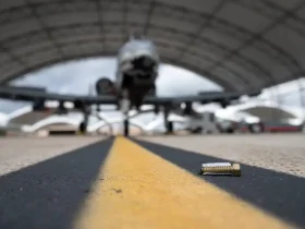 A bolt fallen on the tarmac in front of an aircraft hangar, which is considered foreign object debris.